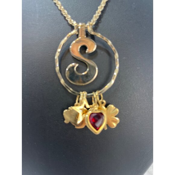 Personalized Initial 'S' Gold Necklace With Charms - Star Heart & Clover Accents - Picture 2 of 6